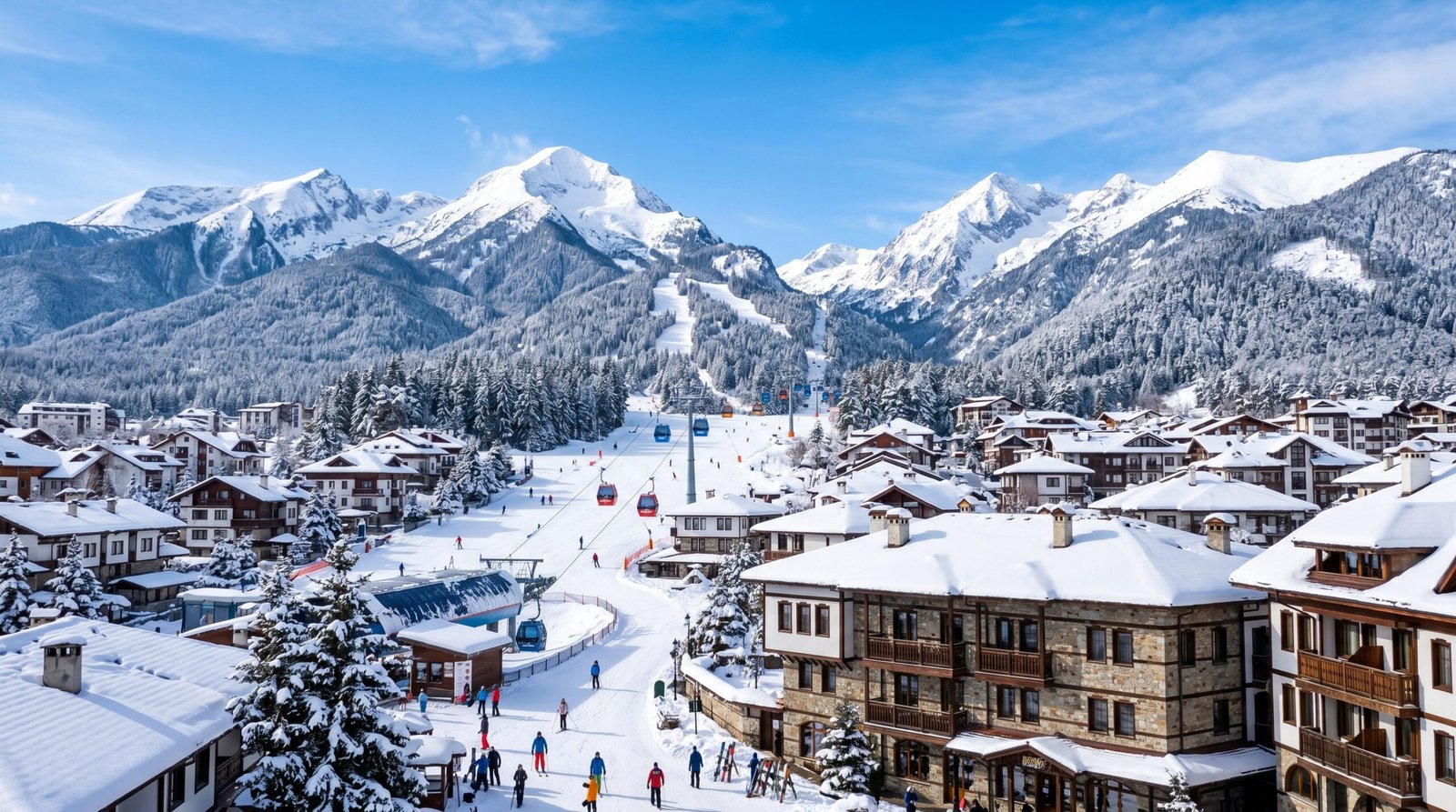 Bansko ski resort Bulgaria with snow-covered Pirin mountains and gondola