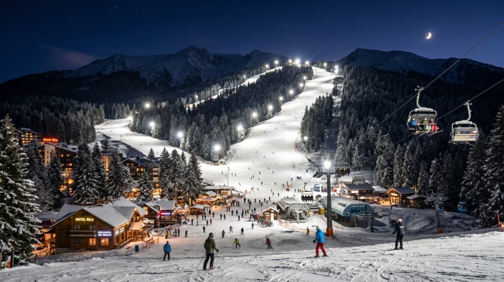 Night skiing on floodlit pistes at Borovets ski resort Bulgaria