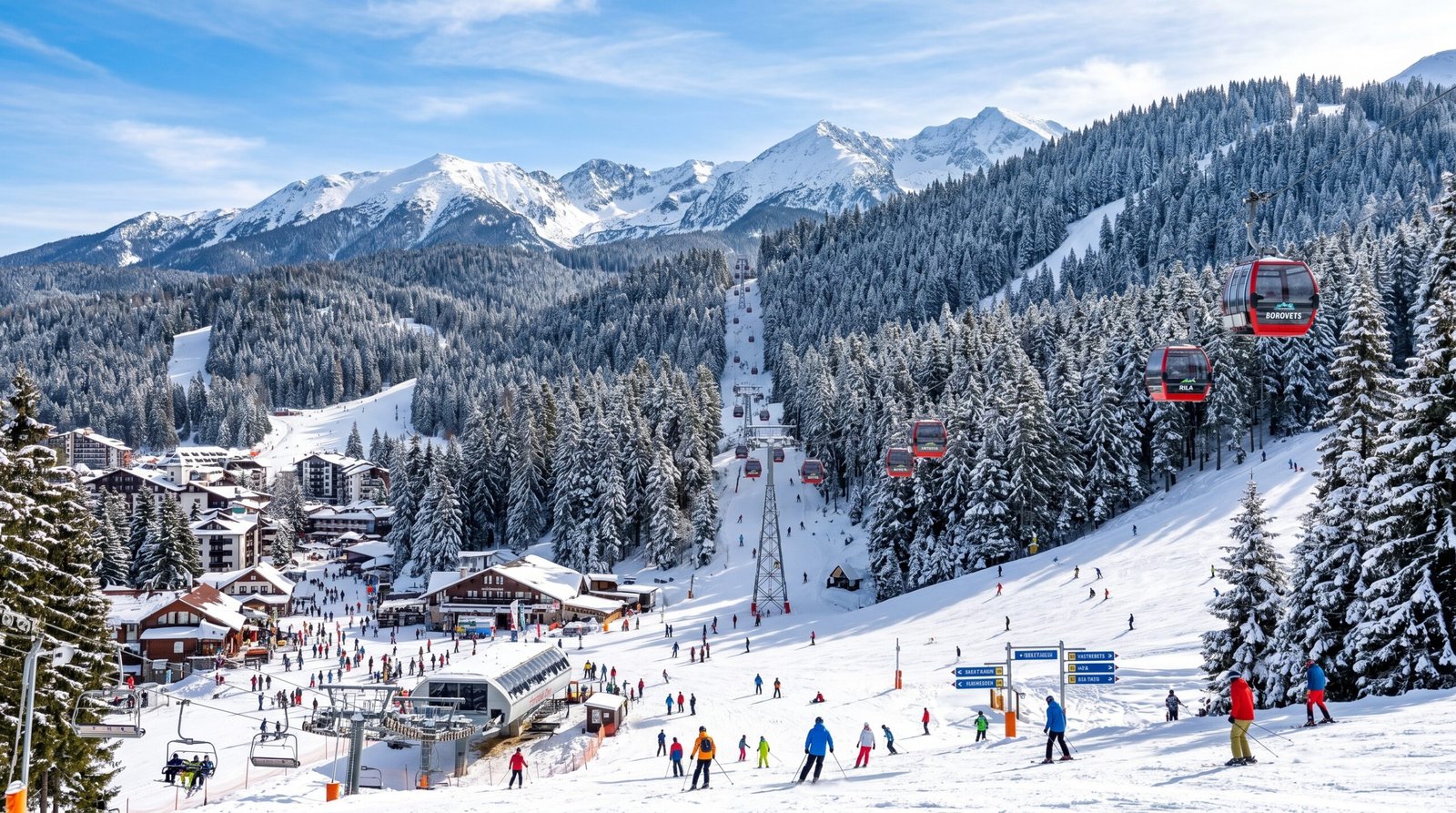 Borovets ski resort Bulgaria with forested slopes and gondola in winter