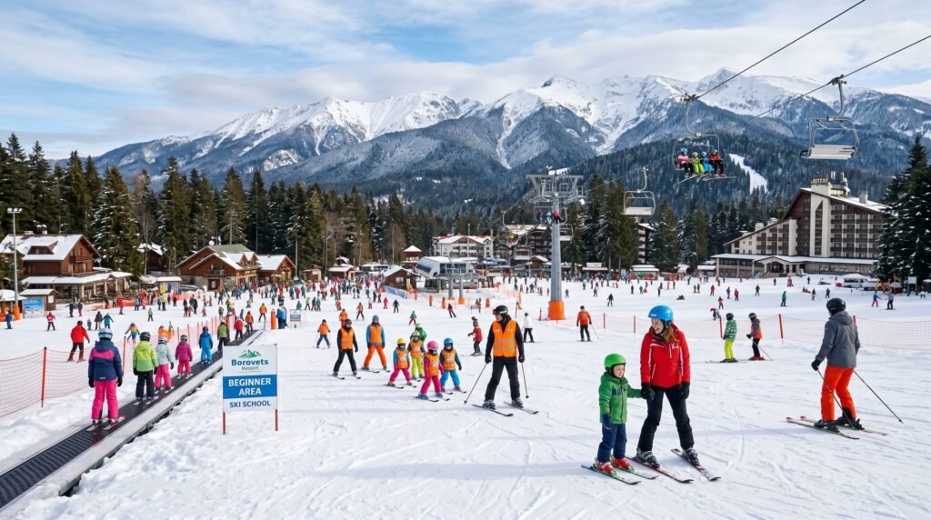 Beginner ski slopes at Borovets Bulgaria with families learning to ski