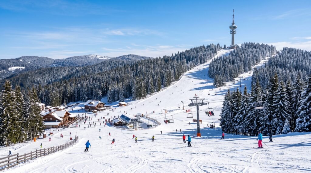 Pamporovo ski resort Bulgaria with sunny gentle slopes and Snezhanka tower