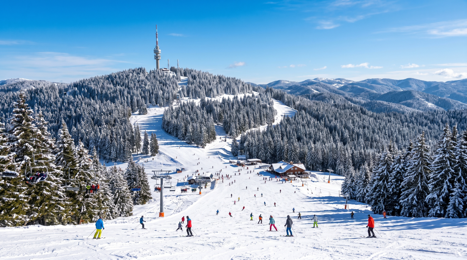 Pamporovo ski resort Bulgaria with sunny gentle slopes and Snezhanka tower