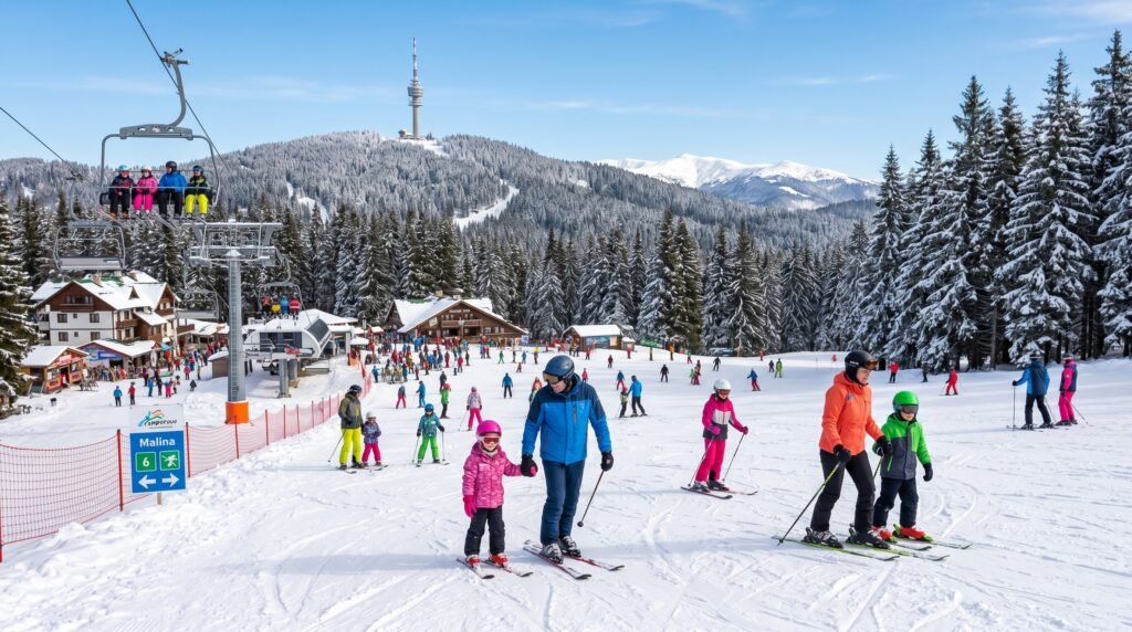 Sunny beginner ski slopes at Pamporovo Bulgaria, ideal for families
