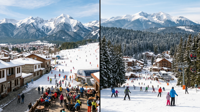 Bansko vs Borovets ski resort comparison in Bulgaria showing the different atmosphere of each resort